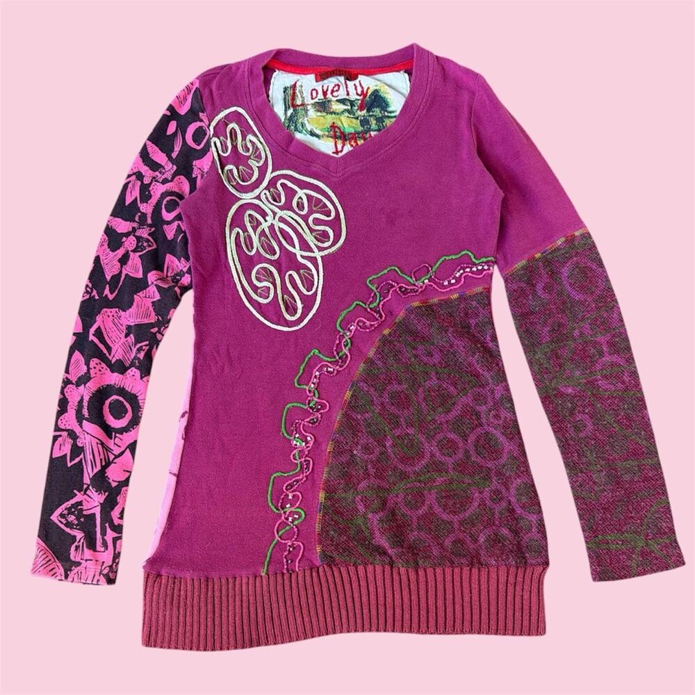 Euro multimedia pink long sleeve sweater top with embroidery and beads